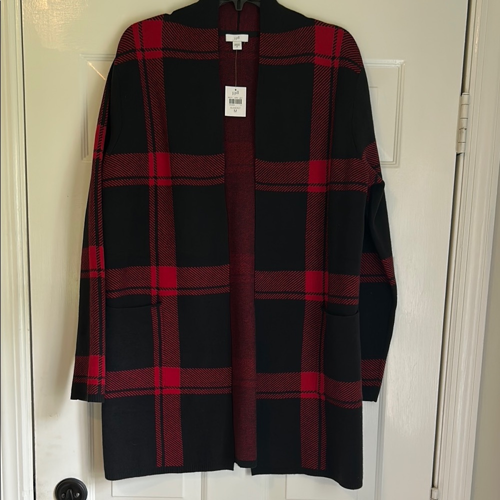 J Jill plaid Open Front Cardigan Sweater - Red and Black medium nwt